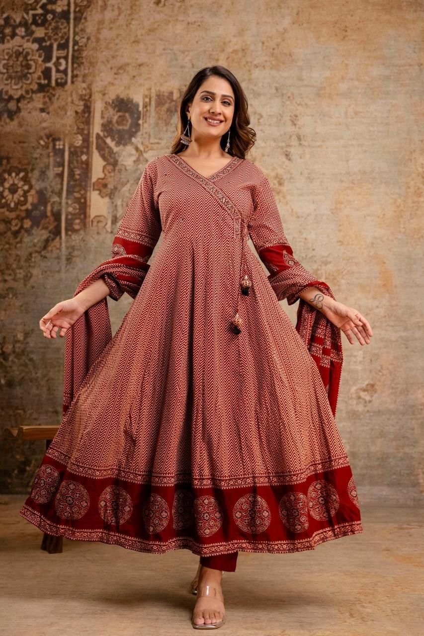Cotton Printed Angrakha Anarkali Suit Set